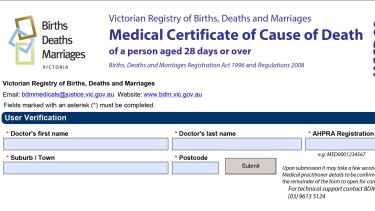 A form used to verify a doctor's identity in Victoria.
