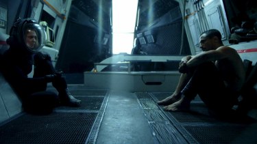 <i>Arrowhead</i> ... Kye (Dan Mor) and Tarren (Aleisha Rose) aboard the space ship.

