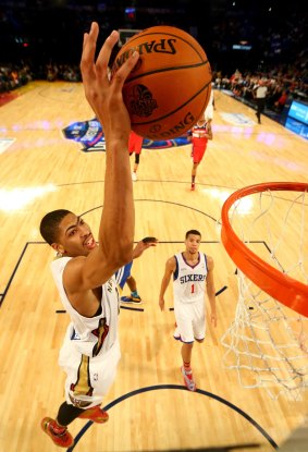 Flying high: Pelicans star Anthony Davis goes to the hoop during the NBA All-Star Weekend in New Orleans.