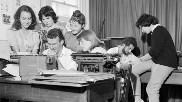 Art students at work preparing the Orientation Week issue of Honi Soit at the University of Sydney in February 1960. From left, Marie Taylor, Jane Iliff, Madeleine St John and Sue McGowan watch Clive James typing while the editor,  David Ferraro, and Helen Goldstein plan other pages. 


