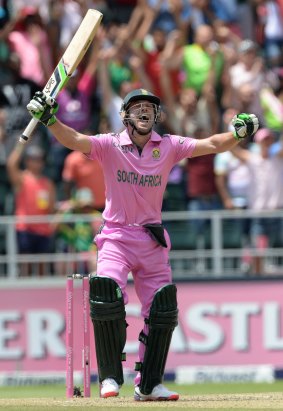 AB de Villiers of South Africa celebrates smashing the fastest ever one-day century off just 31 balls. He gets his chance at Manuka Oval next Tuesday.
