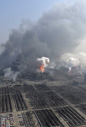 An aerial picture of smoke rising at the site of the explosions.