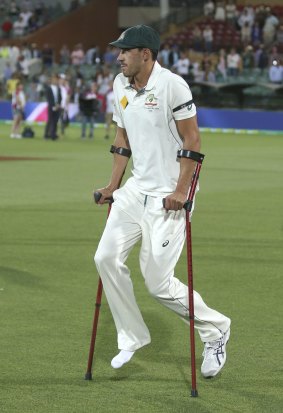 Worse for wear: Australia's Mitchell Starc uses crutches following their win over New Zealand in Adelaide.