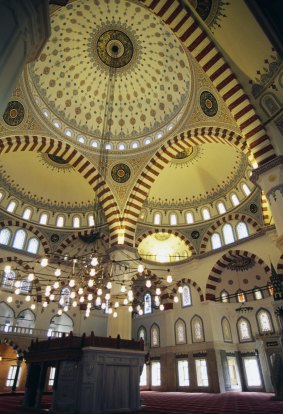 The interior of Ertugrul Gazi mosque in Ashgabat, Turkmenistan.