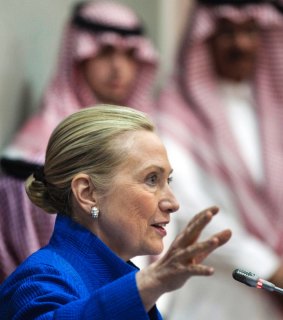 Hillary Clinton in Saudi Arabia in 2012. There is no obligation for visiting Western women to cover their heads.