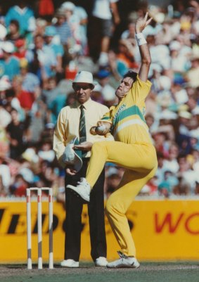 O'Donnell bowling in a World Series Cricket game in 1990.