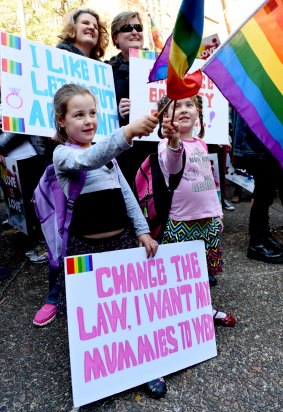 Suburban love: Belinda Appel (left) and Fiona McDonagh with their children Elizabeth and Madeline at the marriage equality rally.
