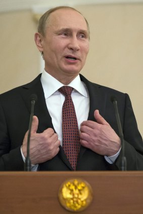Russian President Vladimir Putin announces the result of the peace talks to the media in Minsk. 