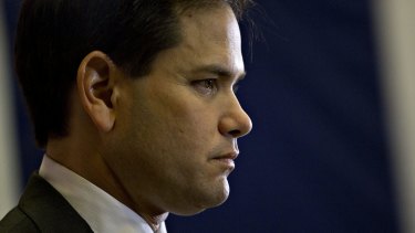 Senator Marco Rubio, Republican presidential candidate looks on with resolve.