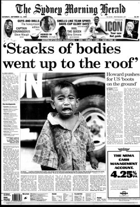 Lindsay Murdoch's Walkley Award-winning coverage from Dili on the front page of <i>The Sydney Morning Herald</i> on September 11, 1999.