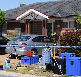 Forensic equipment outside the property on Sunday.