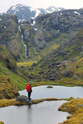 Lake Harris. Waterfalls abound when walking the Routeburn Track in the wet.