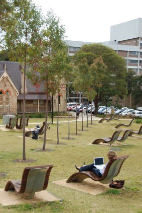 Modern street furniture for Sydney University's Cadigal Green: Designed by Taylor Cullity Lethlean, which won an international design competition.