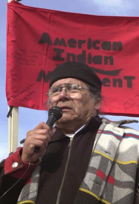 Dennis Banks speaks to a crowd gathered in 1973 to commemorate the 30th anniversary of the AIM standoff at Wounded Knee.