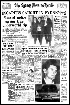 <i>The Sydney Morning Herald</i> front page: 'Escapees caught in Sydney', January 6, 1966, on escaped killer Ronald Ryan.