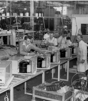 The traditionally male-dominated factory workforce common in years past.
