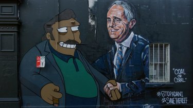 A mural of Adani and Turnbull by artist Scott Marsh in Chippendale, Sydney. 