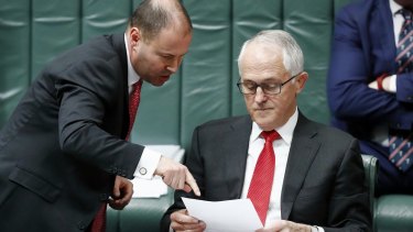 Josh Frydenberg and Malcolm Turnbull in Parliament on Tuesday.