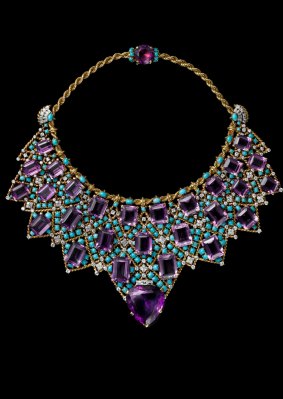 This Bib necklace (1947), owned by the Duchess of Windsor, is made from gold and platinum and features diamonds, amethysts and turquoise