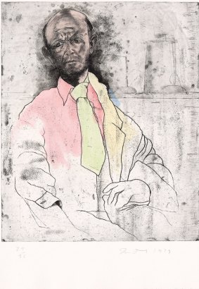 Jim Dine, Self-portrait as a Die-maker, 1979 from the Eight sheets from an undefined novel, state II set soft-ground etching, etching and aquatint hand-coloured with oil paint (image and plate), National Gallery of Victoria, Melbourne, gift of the artist.