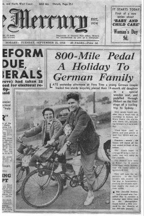 The front page of the Hobart Mercury from 25 September 1956 features the Feeken family departing on their epic bike ride from Hobart to Canberra. TYM