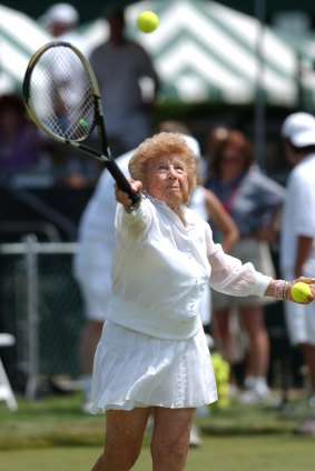 Dodo Cheney, playing an exhibition match in Santa Monica in 2004, aged 87.