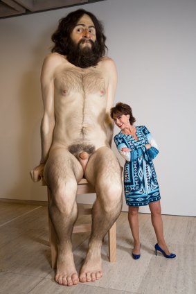 Here's looking at you: Kathy Lette with Ron Mueck's sculpture <i>Wild Man</i>.