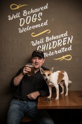 Peter Philip, the proprietor of the Wayward Brewing Co, with 5yo Jack Russell Quila.