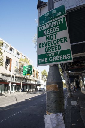 Greens campaign posters along Harris Street, Ultimo. 