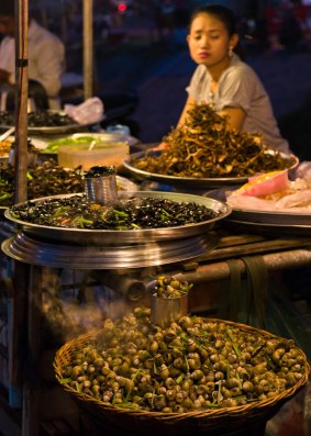 Snails, water beetles, frogs and crickets for sale at a street food market in Siem Reap.