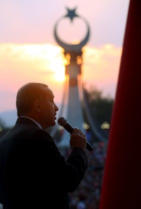 Turkish President Recep Tayyip Erdogan delivers a second speech at the opening ceremony of the 'July 15 Martyrs Monument' at the presidential complex  in the capital Ankara.