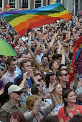 Thousands celebrate in Dublin Castle Square as the result of the referendum on same-sex marriage is relayed on Saturday.