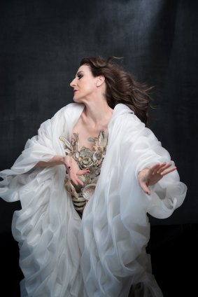 Moira Finucane wears a breastplate by Kate Durham and  ‘‘iceberg gown’’ by Anastasia La Fey for her new show The Rapture.