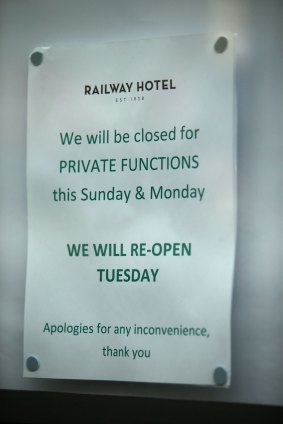 A sign on the door of The Railway Hotel in Yarraville. 