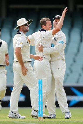 Peter Siddle celebrates after taking a wicket against South Australia.