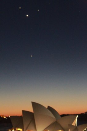 In May 2011 Jupiter (top left) put on a show with Mercury (top right), Venus (centre) and Mars (bottom) over Sydney.