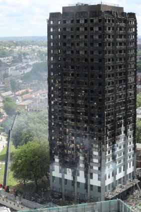 The blackened exterior of Grenfell Tower.