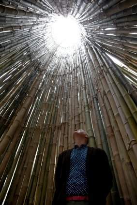 The creative director of Art and About, Stephen Gilby, inside Near Kin Kin, a 22-metre high bamboo sculpture. 