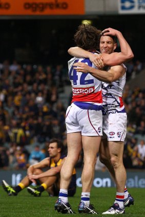 Liam Picken and Matthew Boyd celebrate the big upset win.