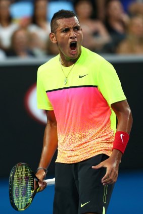 Nick Kyrgios lets his temper flare during his five-set thriller against Andreas Seppi.