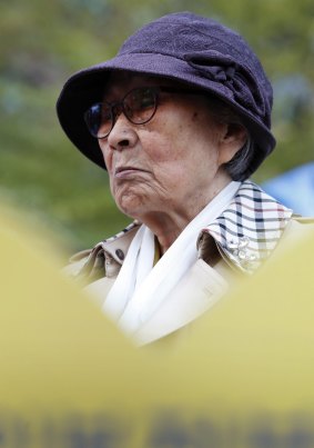 Kim Bok-dong, a former Korean 'comfort woman' at a protest outside the Japanese embassy in Seoul in 2014. 
