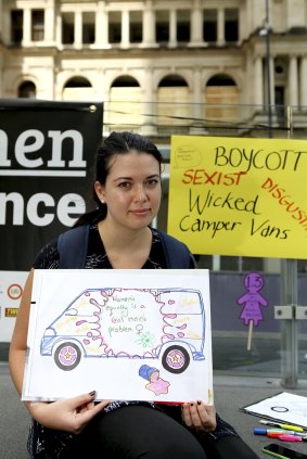 Queensland Working Women's Service industrial officer Rita Fitton, from New Farm, joins the protest against Wicked Campers' slogans.