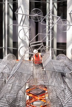 Ai Weiwei's Forever Bicycles being installed at the NGV.