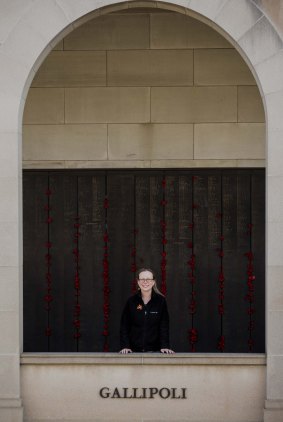 Olivia Watton of Melbourne was trying to find her family's name on the Australian War Memorial's wall of remembrance.


