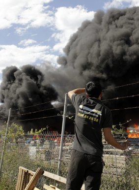 Buildings on fire at a factory complex in Lansvale, south-western Sydney