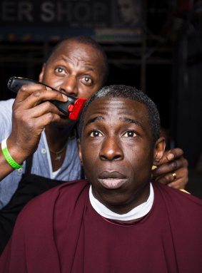 Cyril Nri and Abdul Salis in <i>Barber Shop Chronicles</i>, showing at the Seymour Centre as part of the Sydney Festival. 
