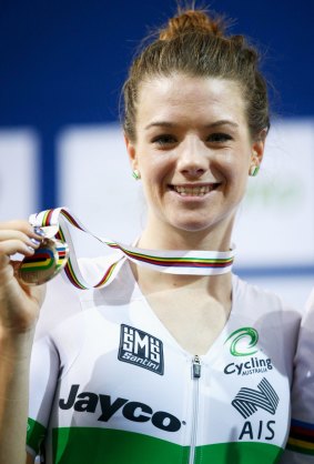 Amy Cure on the podium with her silver medal.