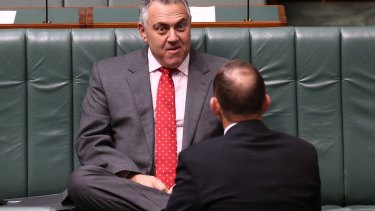 Treasurer Joe Hockey and Prime Minister Tony Abbott during question time at Parliament House.
