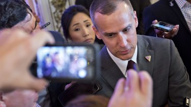 Corey Lewandowski, former campaign manager for 2016 Republican presidential candidate Donald Trump, speaks to members of the media.