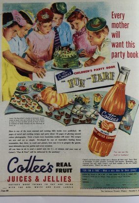 An advert for Cottee's, famous for its cordials, jellies and jam, from the book <i>Cottee's: A Family Favourite, Celebrating 75 Years</I>.